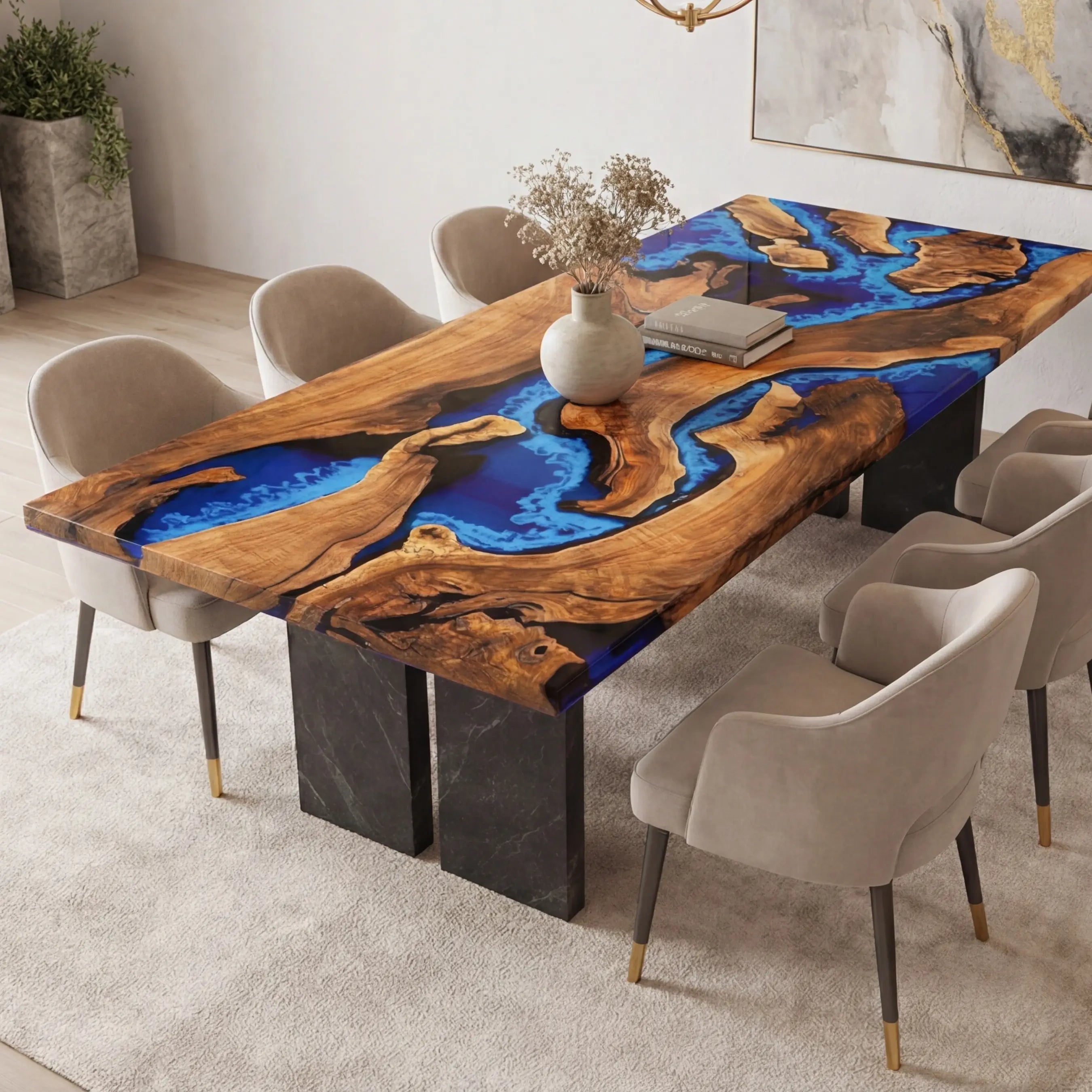 Custom Black Walnut Epoxy Resin River Table Blue Waves XPT-27