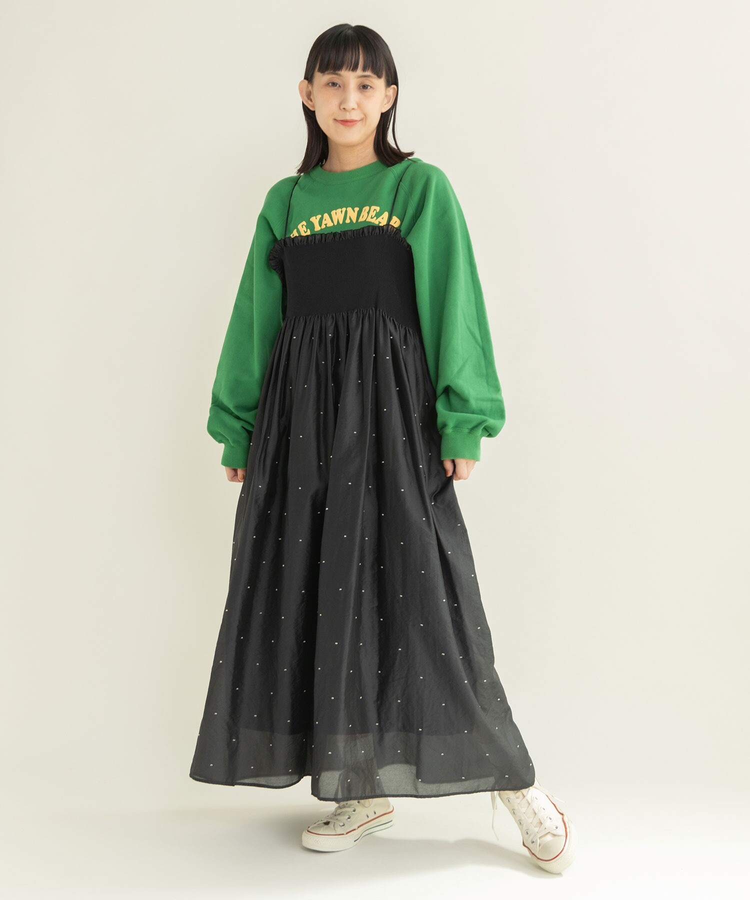 シャーリングドットパネルジャカード キャミワンピース