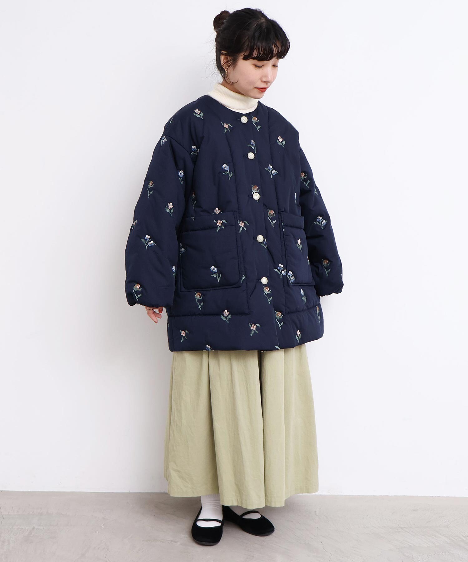 AMBIDEX Store 〇お花のクロスステッチ キルト刺繍コート(F キナリ): l