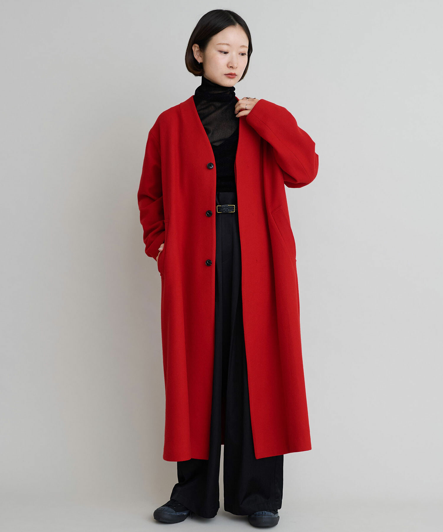 AMBIDEX Store 〇ウールメルトン Vネックロングコート(F へリンボン): iki