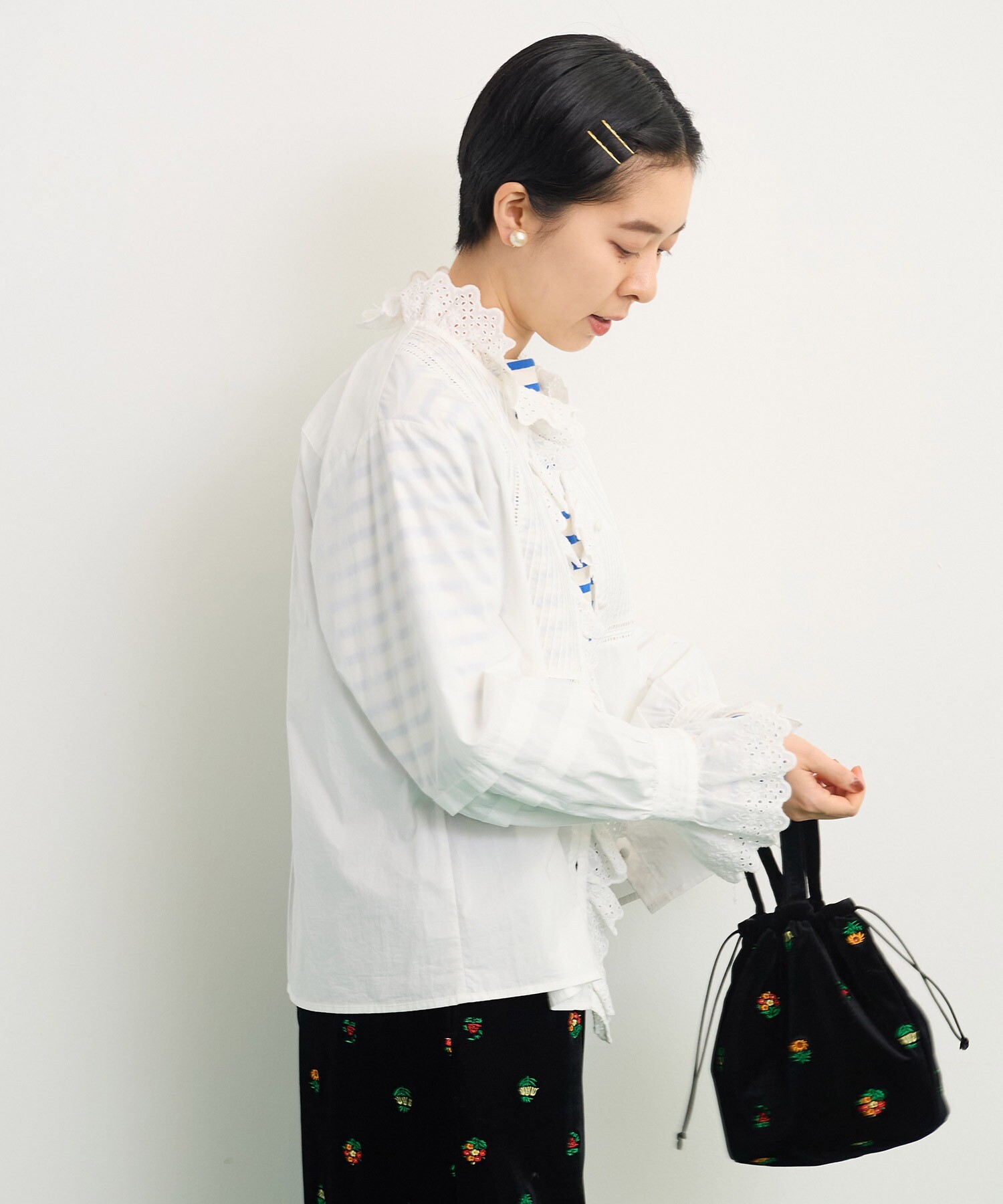 AMBIDEX Store 〇ブロード レースピンタック スタンドブラウス(F シロ