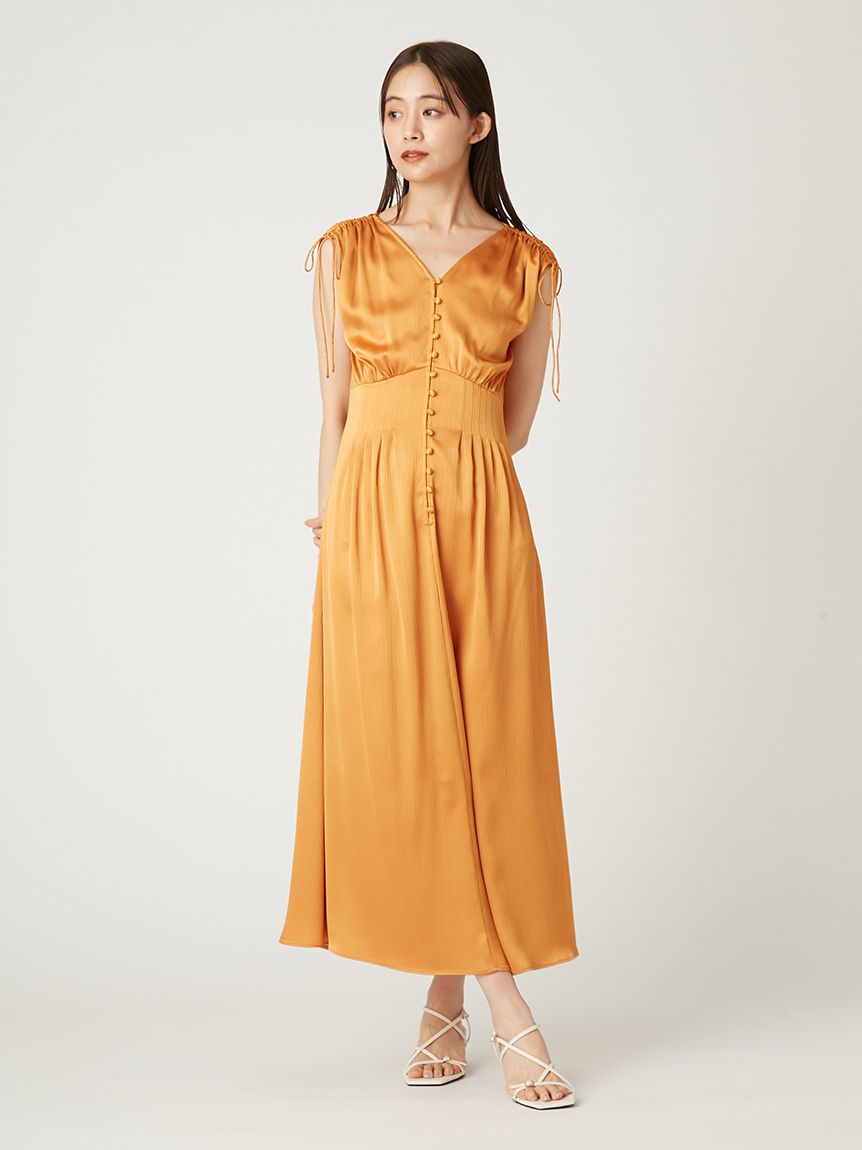 サテンタックフレアワンピース／ウォッシャブル(マキシ・ロング