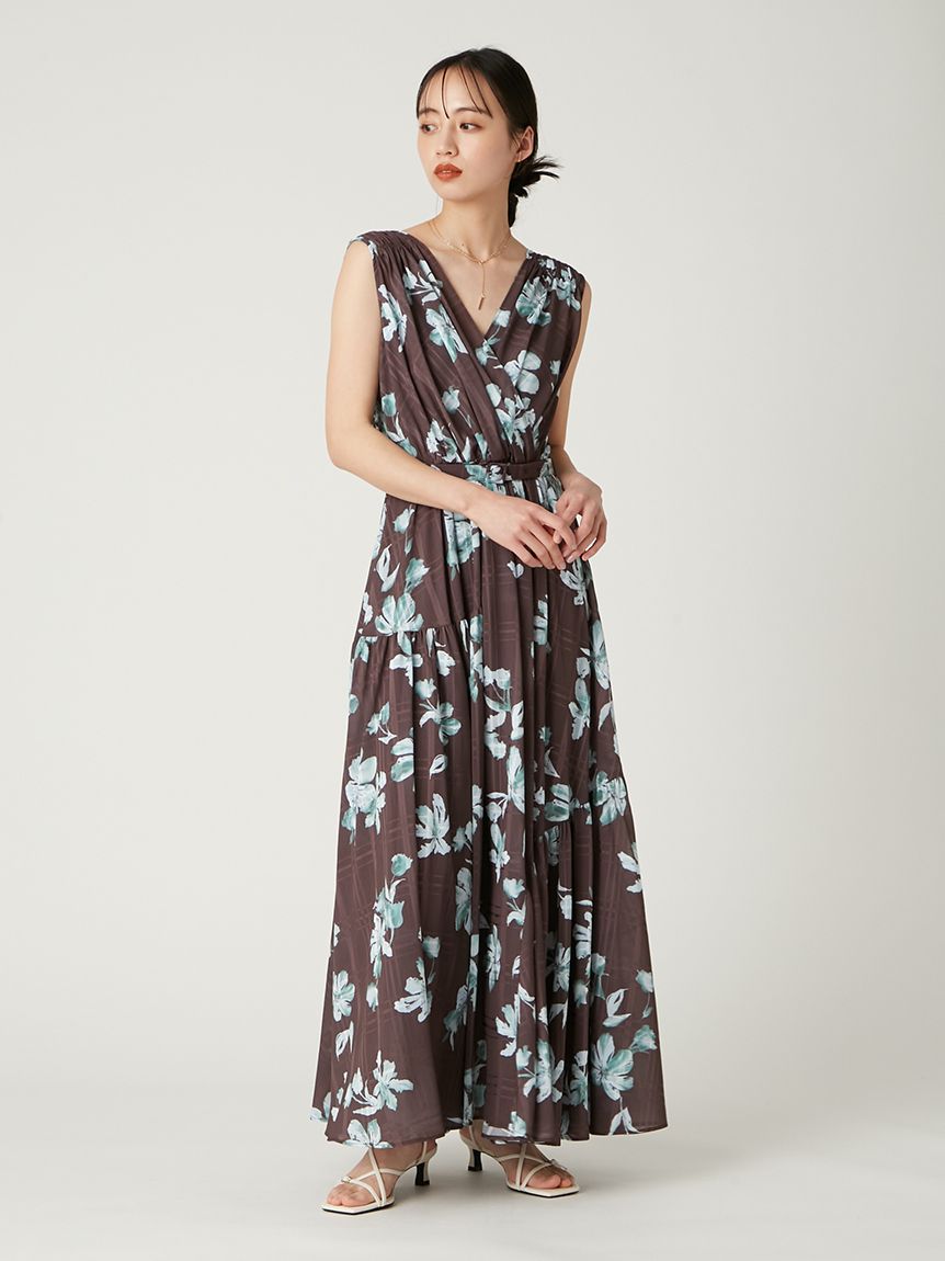 フラワープリントカシュクールワンピース／接触冷感(マキシ・ロング