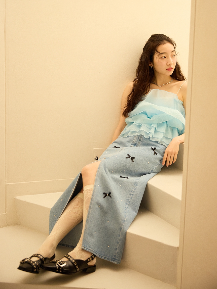 WEB限定】[L.B CANDY STOCK]リボンビジューデニムタイトスカート