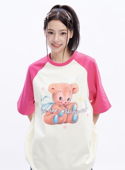 ホットピンクがかわいい！地雷系クマプリントTシャツ Tシャツ|地雷系