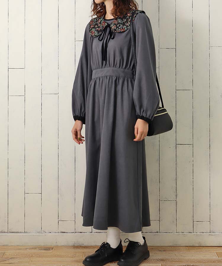 ジャガード付け襟ワンピース ワンピース 長袖 長袖ワンピース グレイ