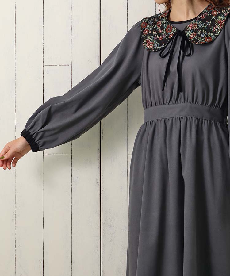 ジャガード付け襟ワンピース ワンピース 長袖 長袖ワンピース グレイ