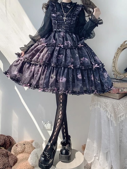 ロリータファッション【ゴスロリ】パープルブラックリボンハロウィン