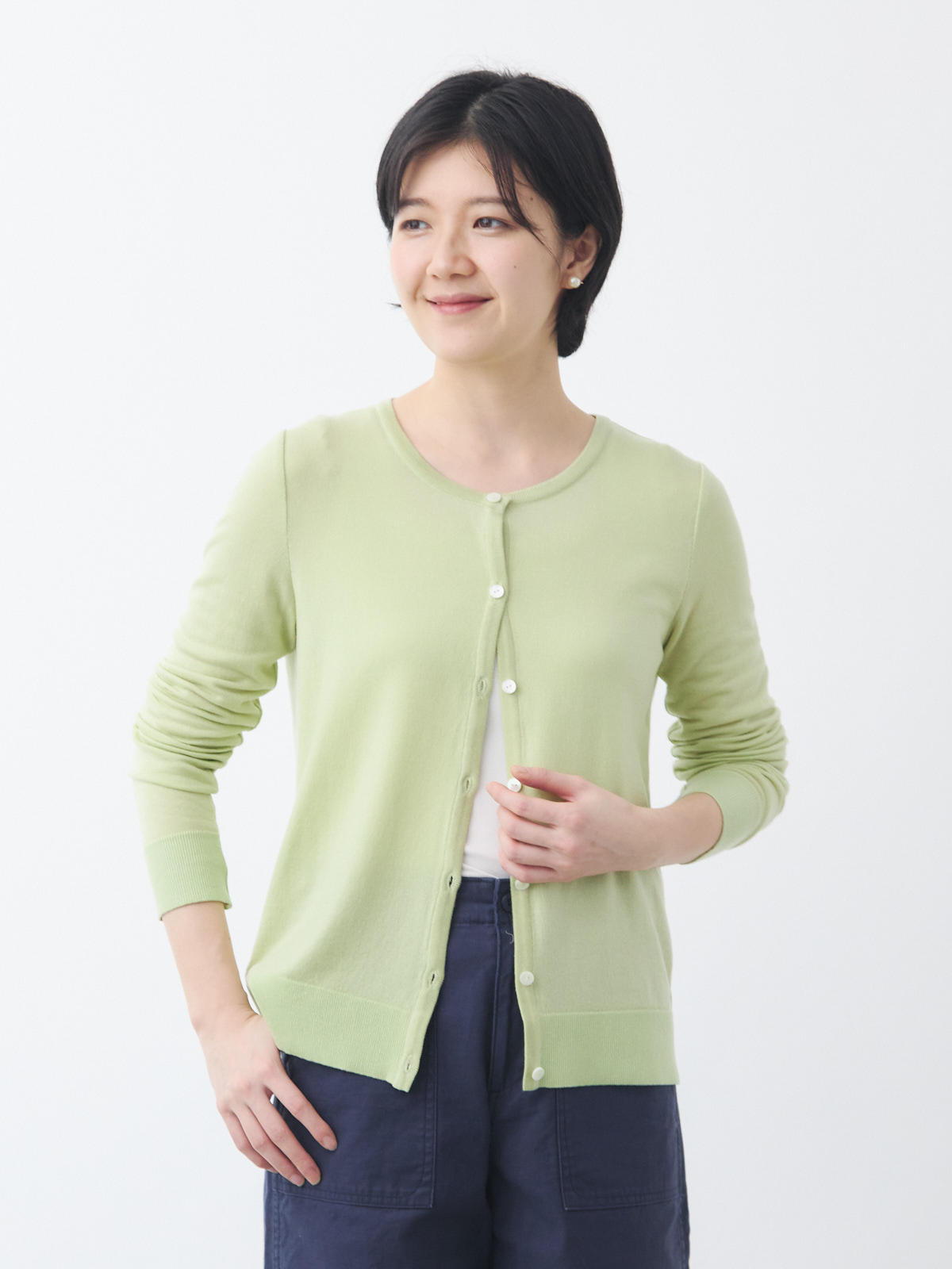 テンセルカシミヤクルーネックカーディガン/ペールグリーン