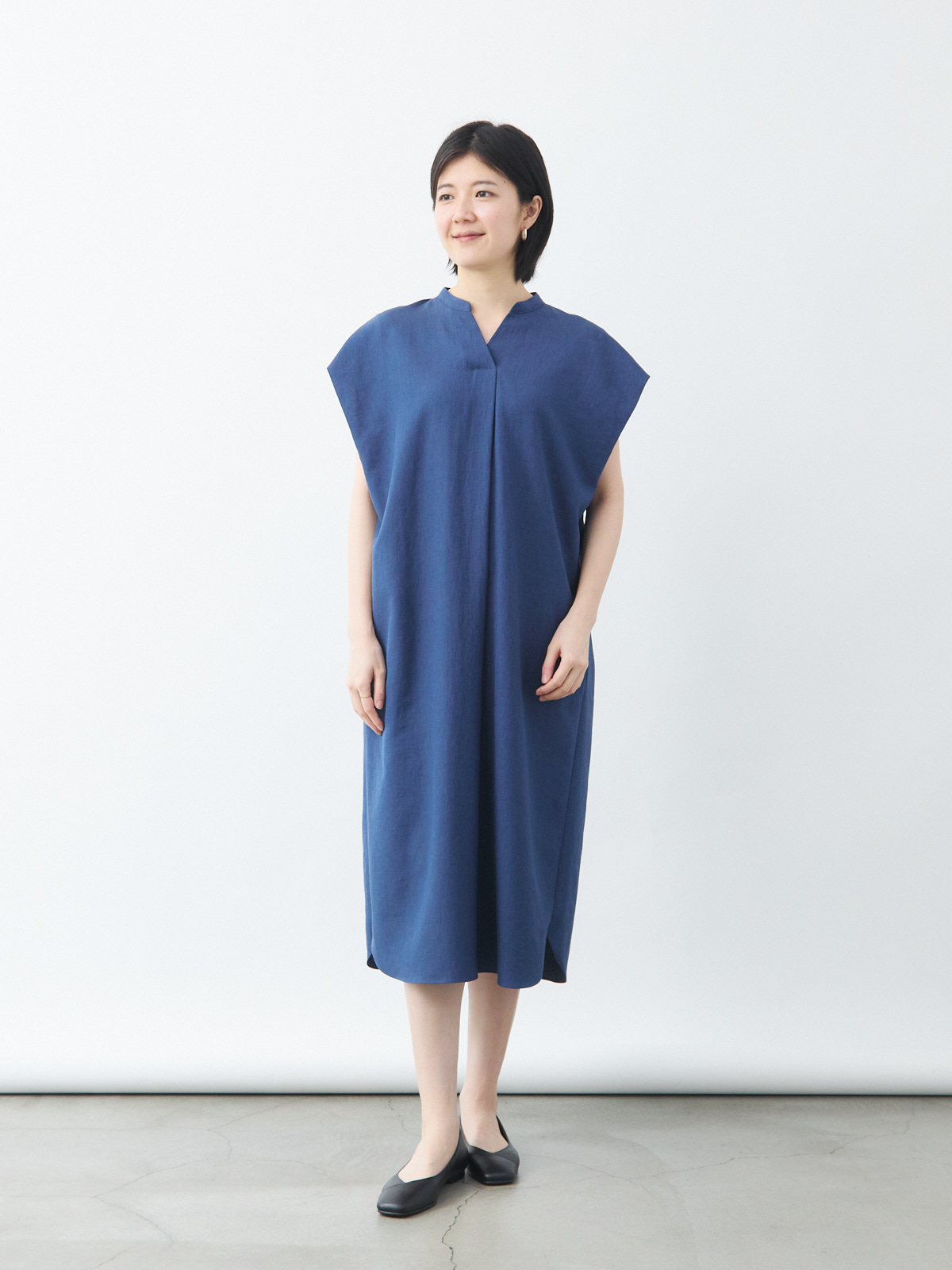 リネンライクワンピース/綿麻ブレンド/ウォッシャブル/ブルー
