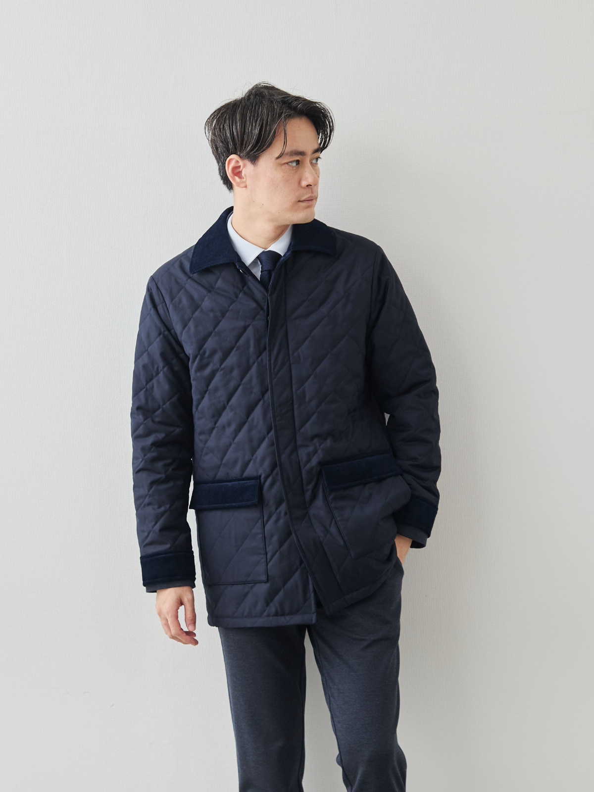7 Days ウールライク キルティングジャケット/ウォッシャブル/ネイビー