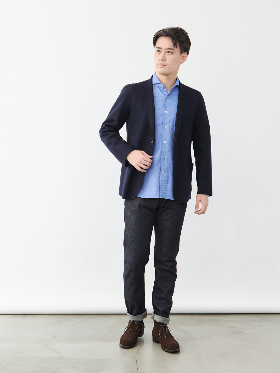 カシミヤ混 メルトンライク テーラードジャケット/ストレッチ/ネイビー