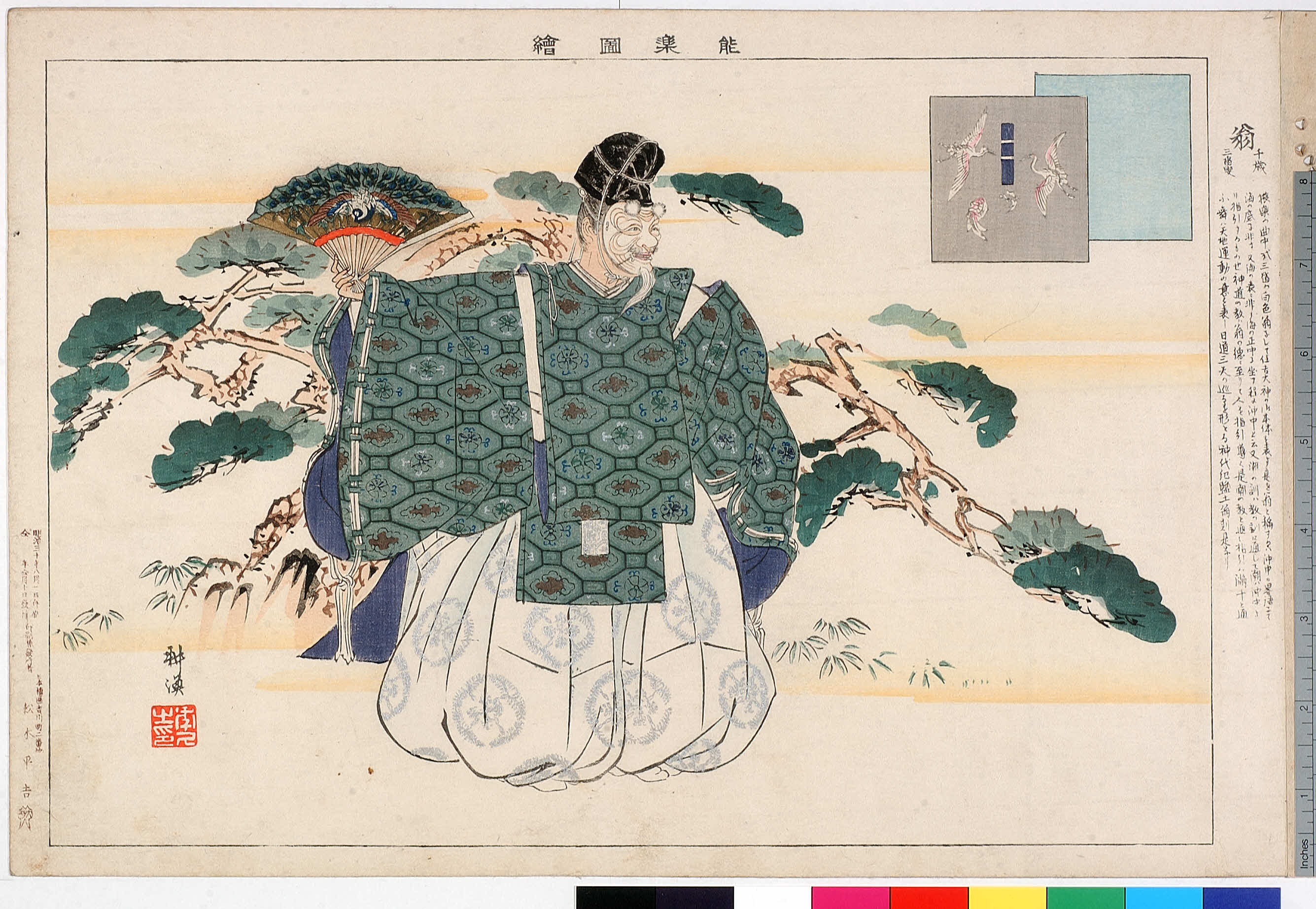 月岡耕漁による浮世絵「「能楽図絵」「翁 千歳 三番叟」」