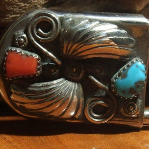 ヴィンテージ シルバー925 ナバホ コーラル ターコイズ 特大セーフティ