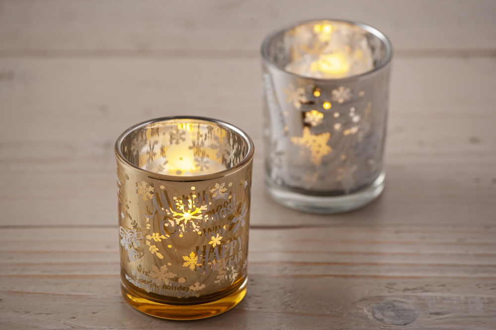 キャンドルホルダー両面柄入り2個セット ゴールド＆シルバー 7.3cm<br