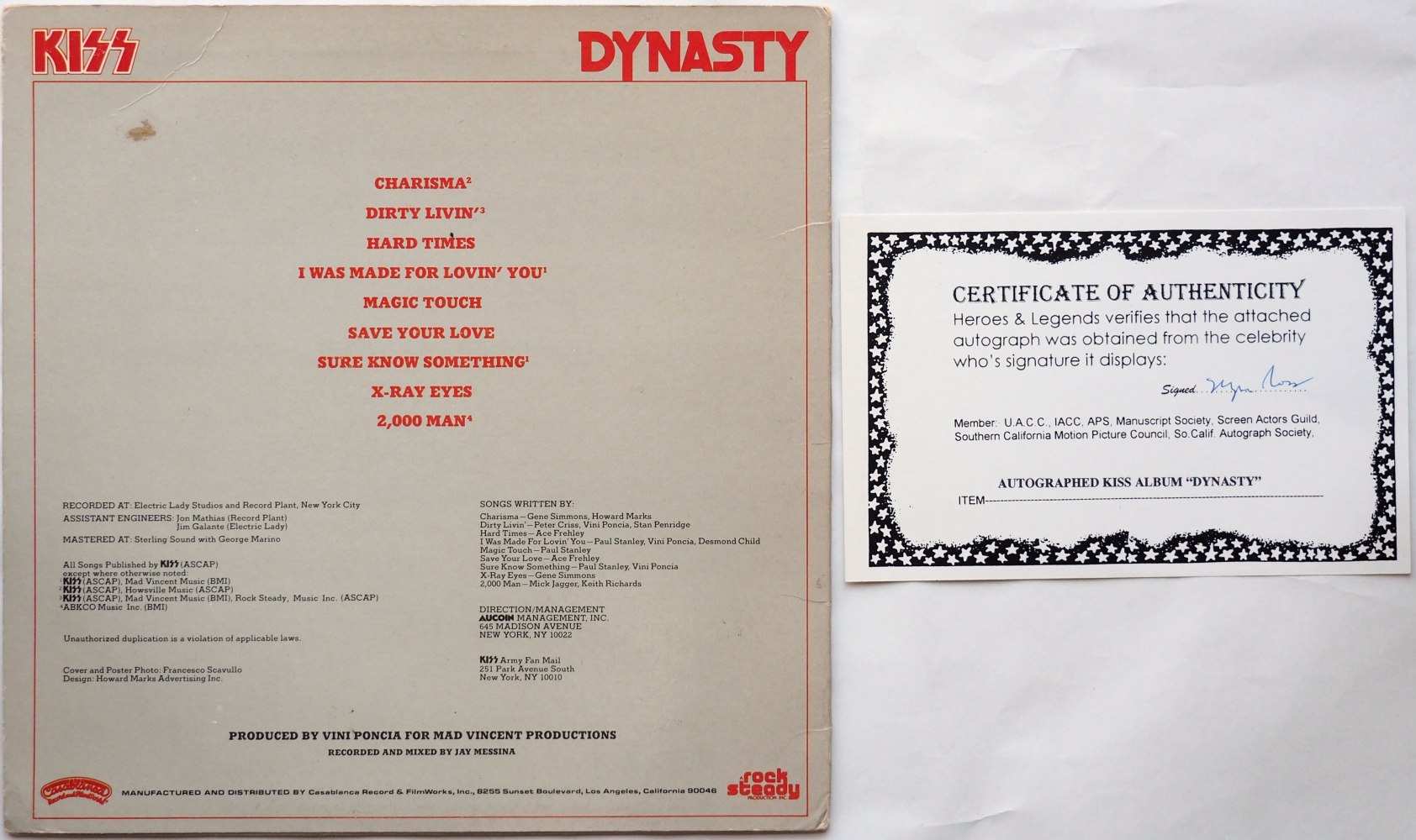 Kiss / Dynasty (Autographed!! 全員直筆サイン入り、鑑定書付き