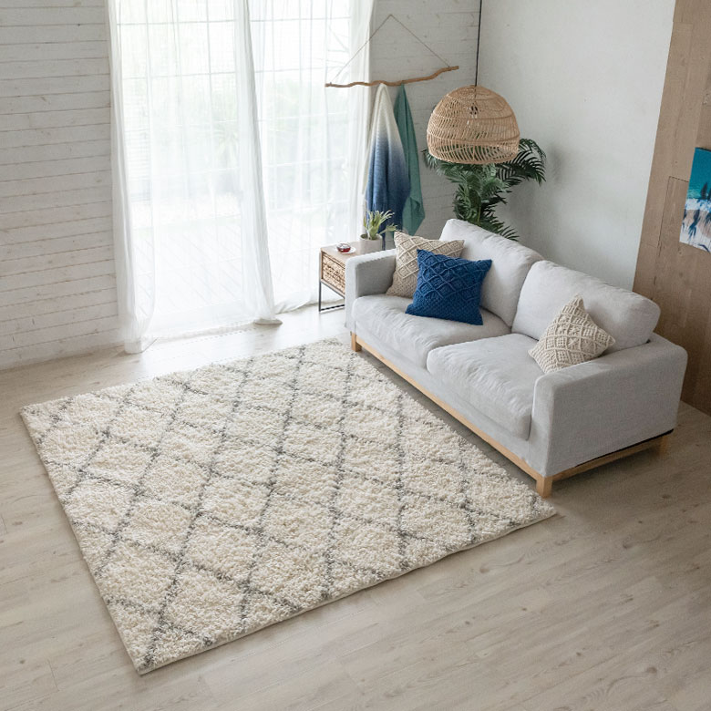 ベニオワレン風シャギーラグ 200×200cm モロカンデザイン ダイヤ柄