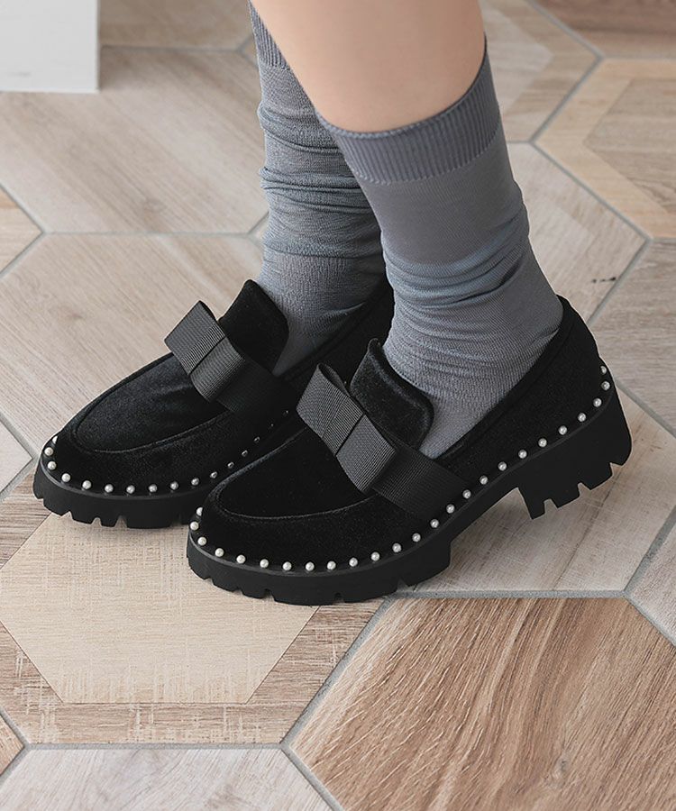 ベロアパールリボンローファー[C]