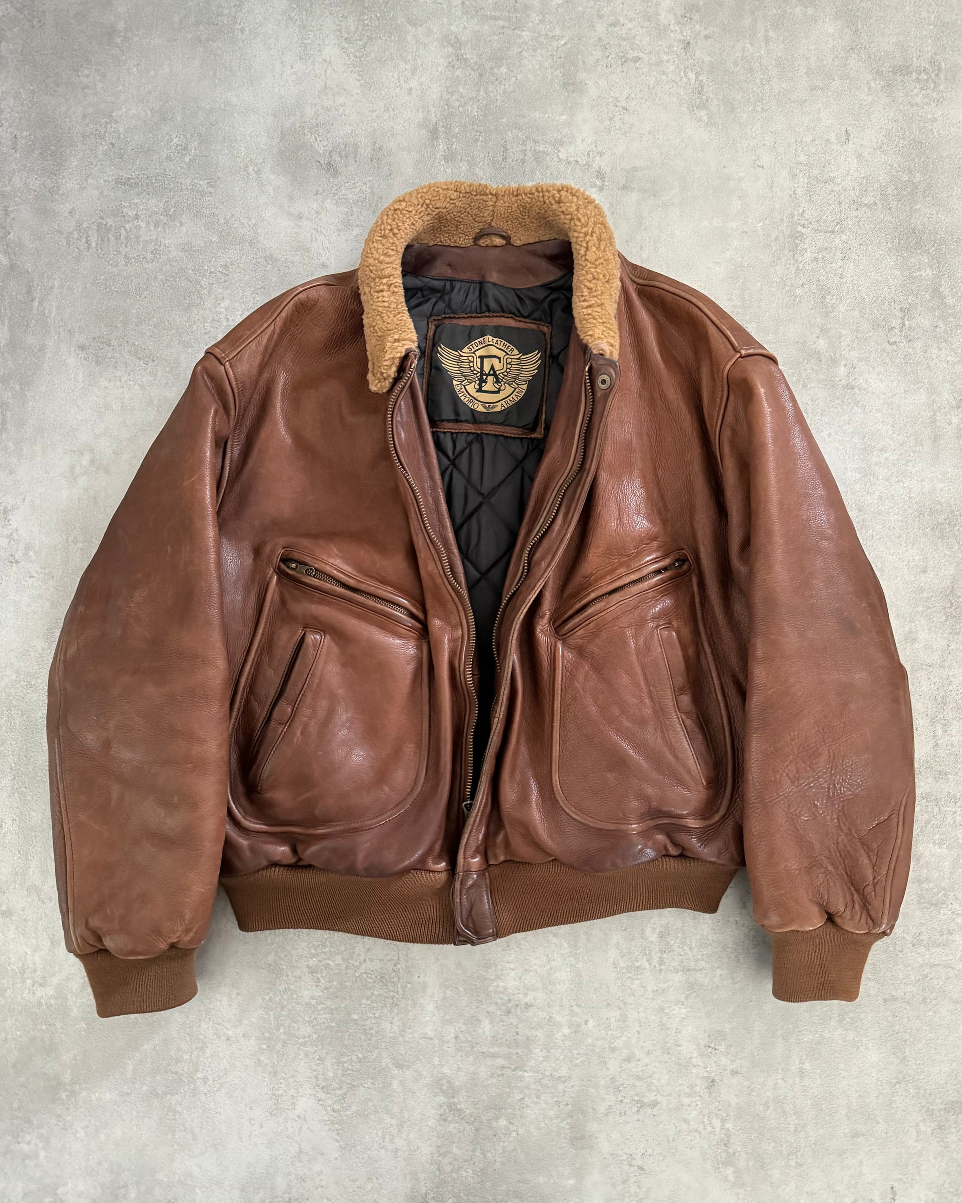 1980s Emporio Armani Aviator Brown Leather Bomber Jacket (L