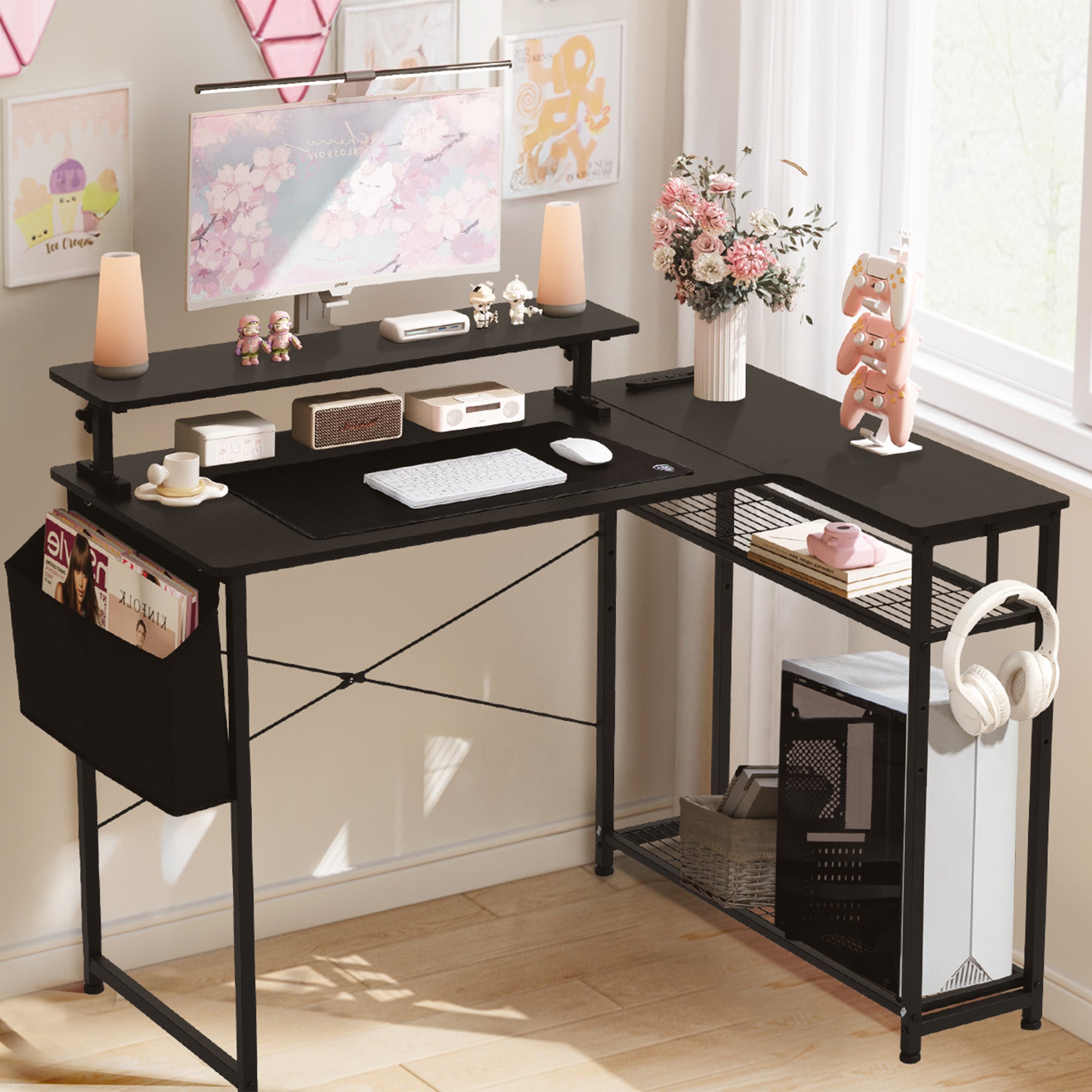 Dowinx パソコンデスク L字デスク ラック付き モニターアーム対応 棚高