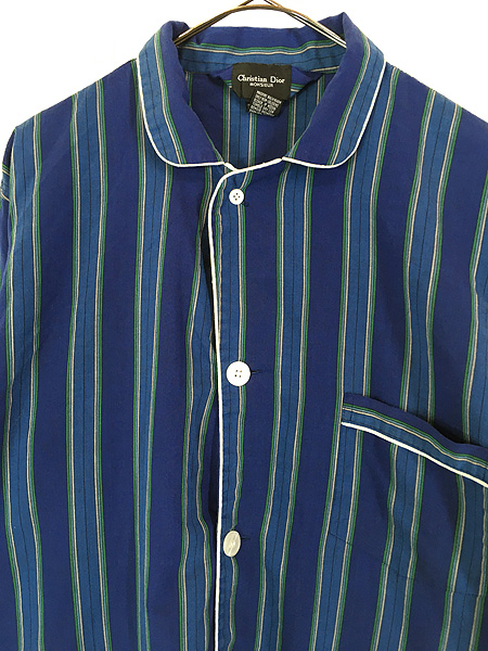 古着 90s Christian Dior マルチ ストライプ 開襟 コットン パジャマ