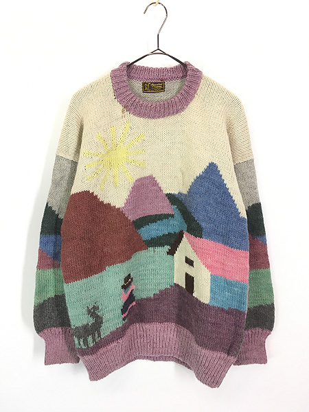レディース 古着 70s Peru製 Alpaca Wool Fashions 山麓 風景 デザイン