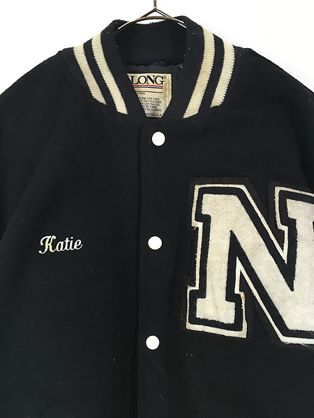 古着 90s USA製 DeLON 「N」 レタード 本革 レザー袖 メルトン ウール