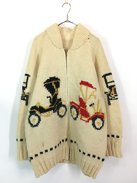 古着 60s クラシックカー 柄 ヘビー ウール ニット カウチン