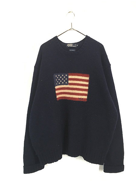 古着 90s Polo Ralph Lauren 星条旗 フラッグ 上質 ラムウール ニット