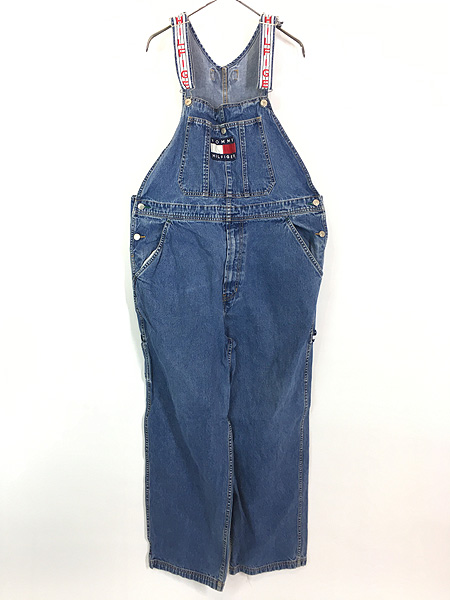 古着 90s TOMMY JEANS フラッグ ロゴ パッチ デニム オーバーオール L