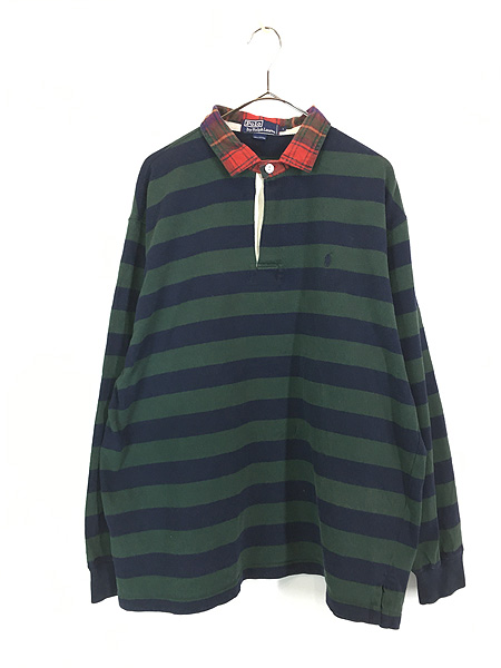 古着 90s Polo Ralph Lauren チェック襟 紺×緑 ボーダー ラガー