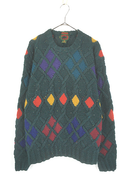 古着 90s BOSTON TRADERS ダイヤ ケーブル編み ミックス ウール ハンド