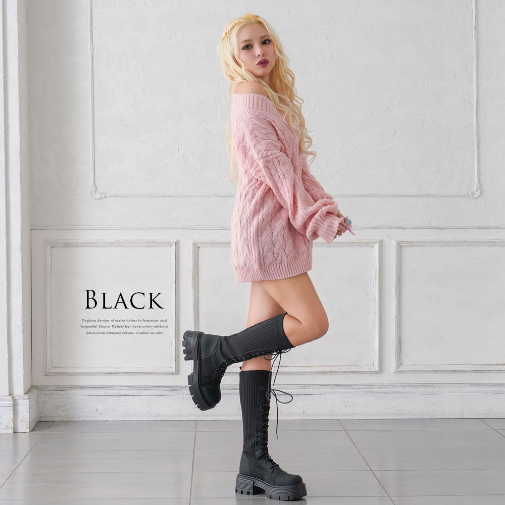 厚底レースアップリブストレッチロングブーツ – レディース