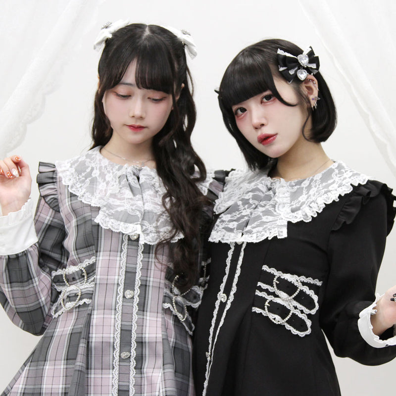 レースリボン襟フリルウエストハートバックルセットアップ