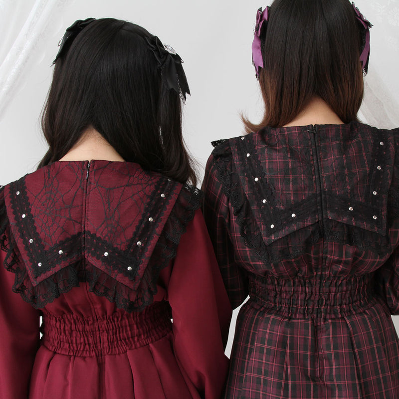 クモレース角襟ベルトレースアップワンピース – レディース