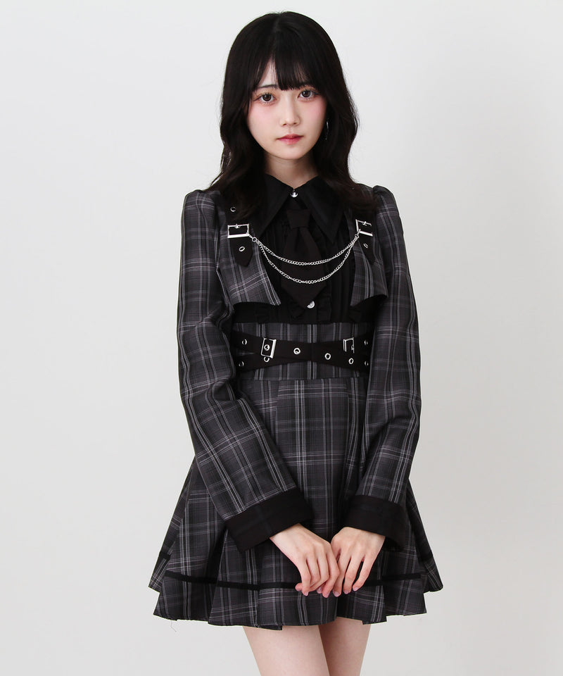 ジャケット風チェーンネクタイベルトプリーツワンピース – レディース