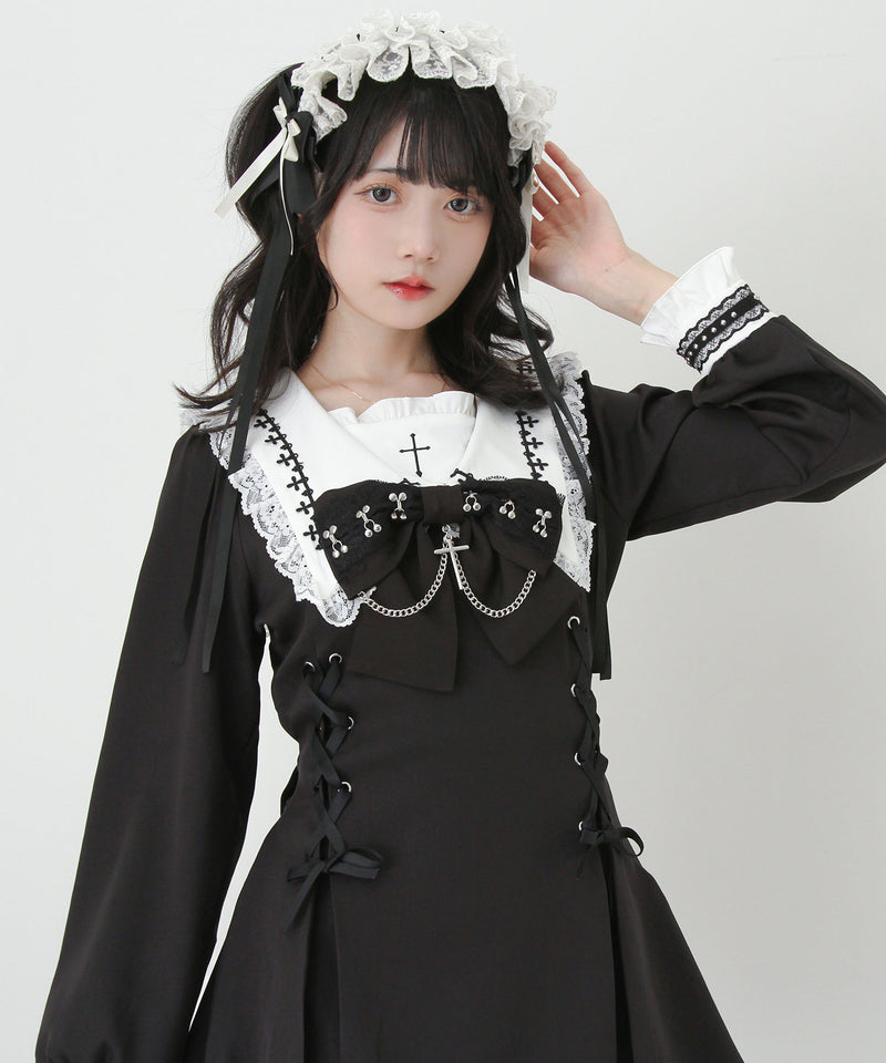 十字架クロススタッズチェーンレースアップフリルセーラーワンピース