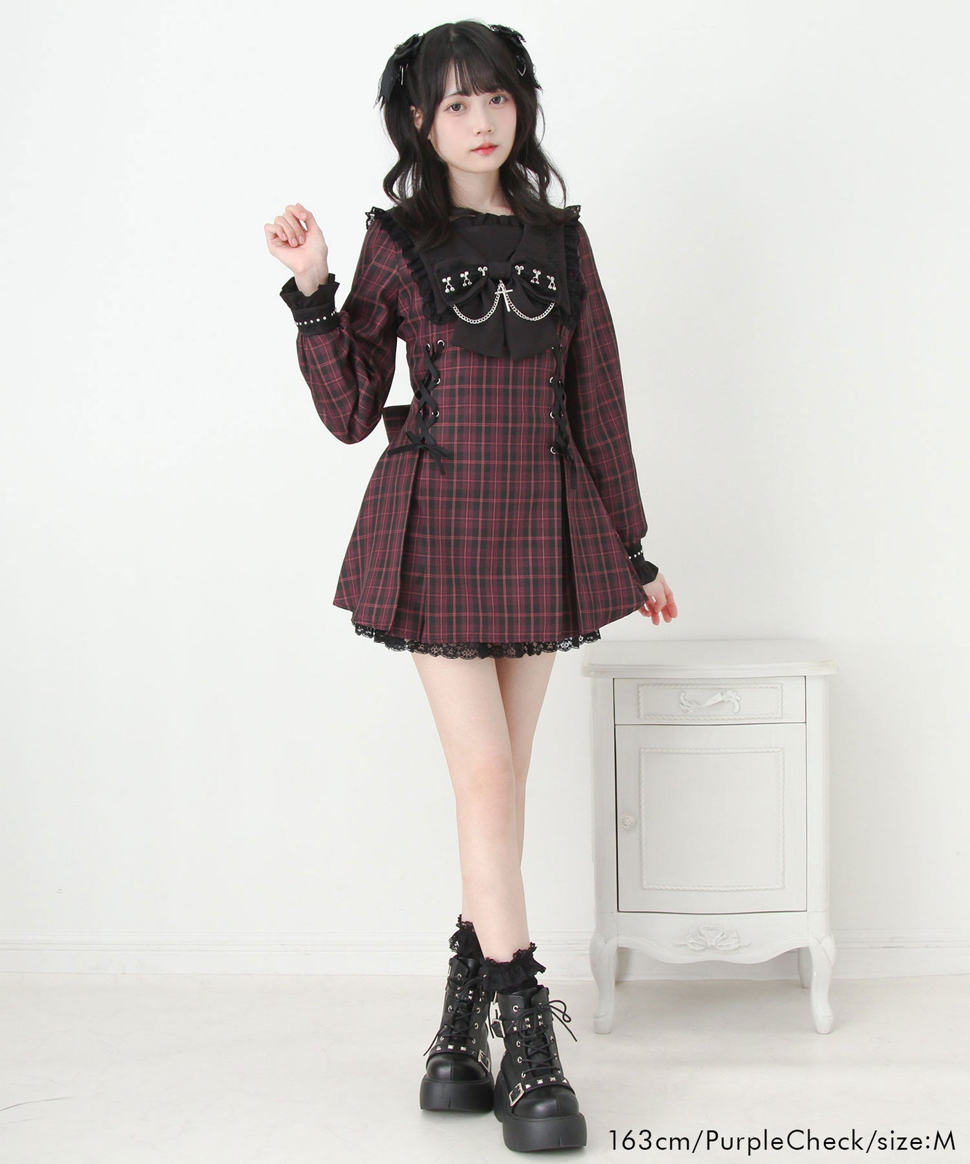 十字架クロススタッズチェーンレースアップフリルセーラーワンピース