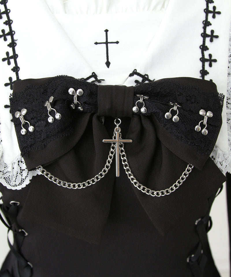 十字架クロススタッズチェーンレースアップフリルセーラーワンピース