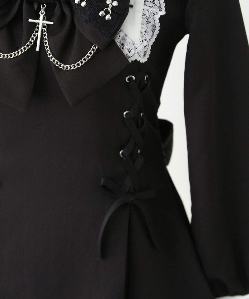 十字架クロススタッズチェーンレースアップフリルセーラーワンピース