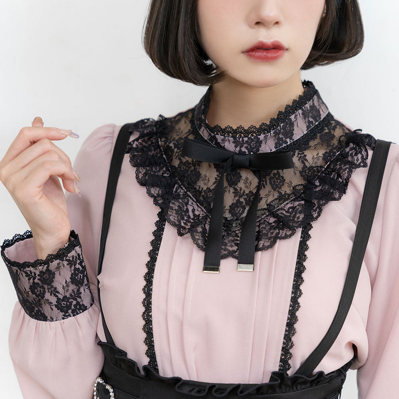 メール便】スタンド襟Vヨークレースフリルブラウス – レディース