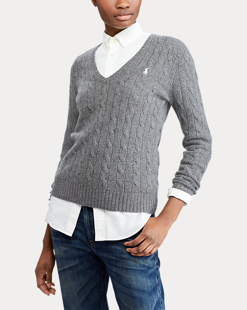 Cable-Knit Wool V-Neck Sweater