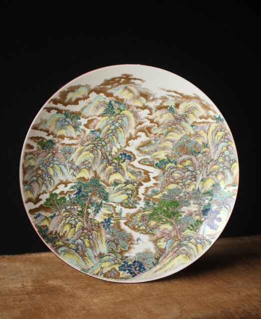 九谷 二代 上出喜山 山水楼閣図 大皿 P259｜骨董店 のびる 古美術 骨董