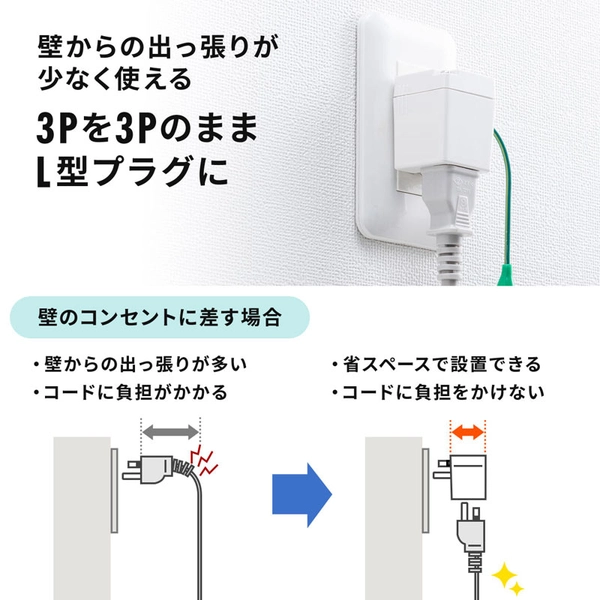 3P・L型変換アダプター (3P2P兼用・温度ヒューズ内蔵・抜け止め