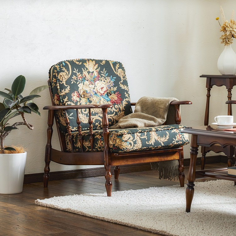 カリモク 1人掛けソファ アームチェア 花柄 ヴィンテージ 金華山織 ②