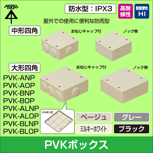 未来工業】PVKボックス（防水タイプ）中形四角（深型）ノック無