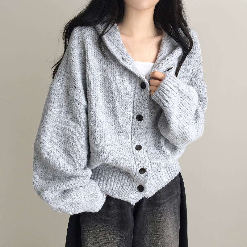 オーバーサイズアクリルフード付きニットカーディガン | ファッション