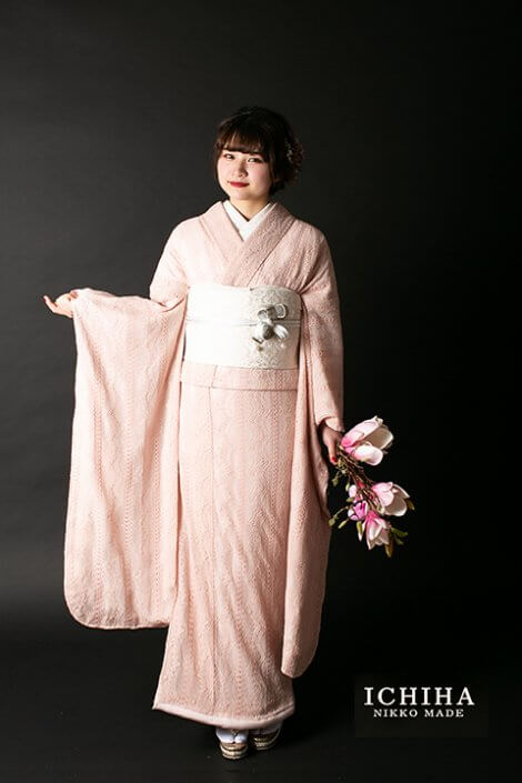 振袖フルセットレンタル】レース振袖と桐生織帯 フルセット〈モスピンク〉