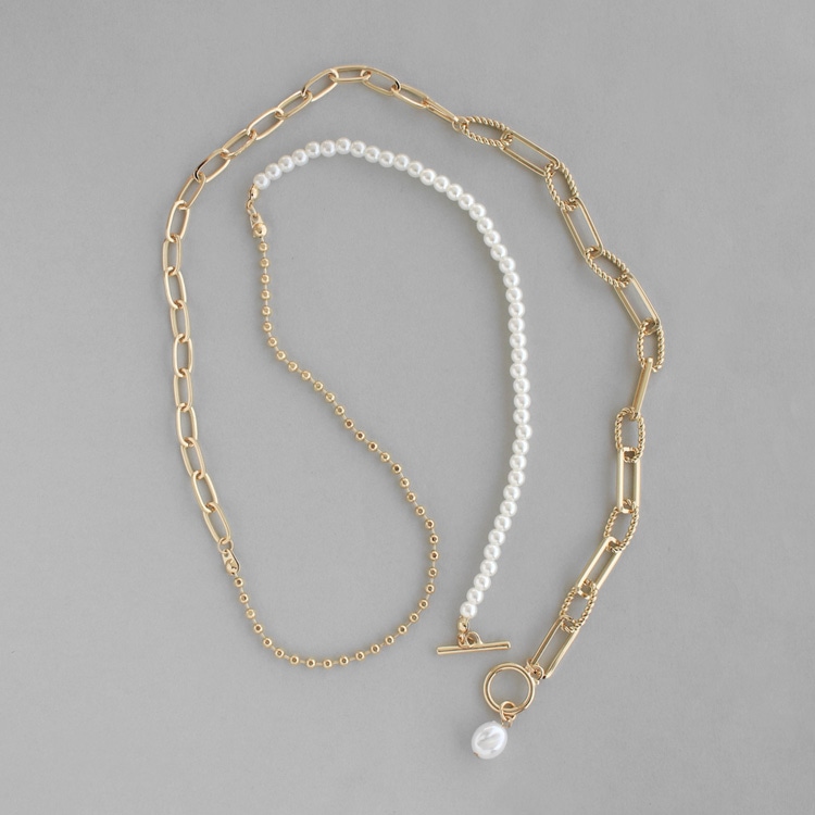 N-391) 2wayパール×デザインチェーンマンテルネックレス | ビーズ