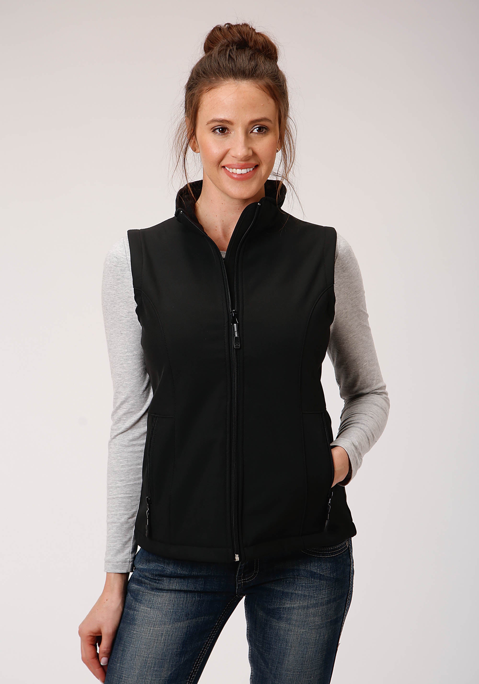 Womens Black Softshell With Black Fleece Lining Zip Front Vest